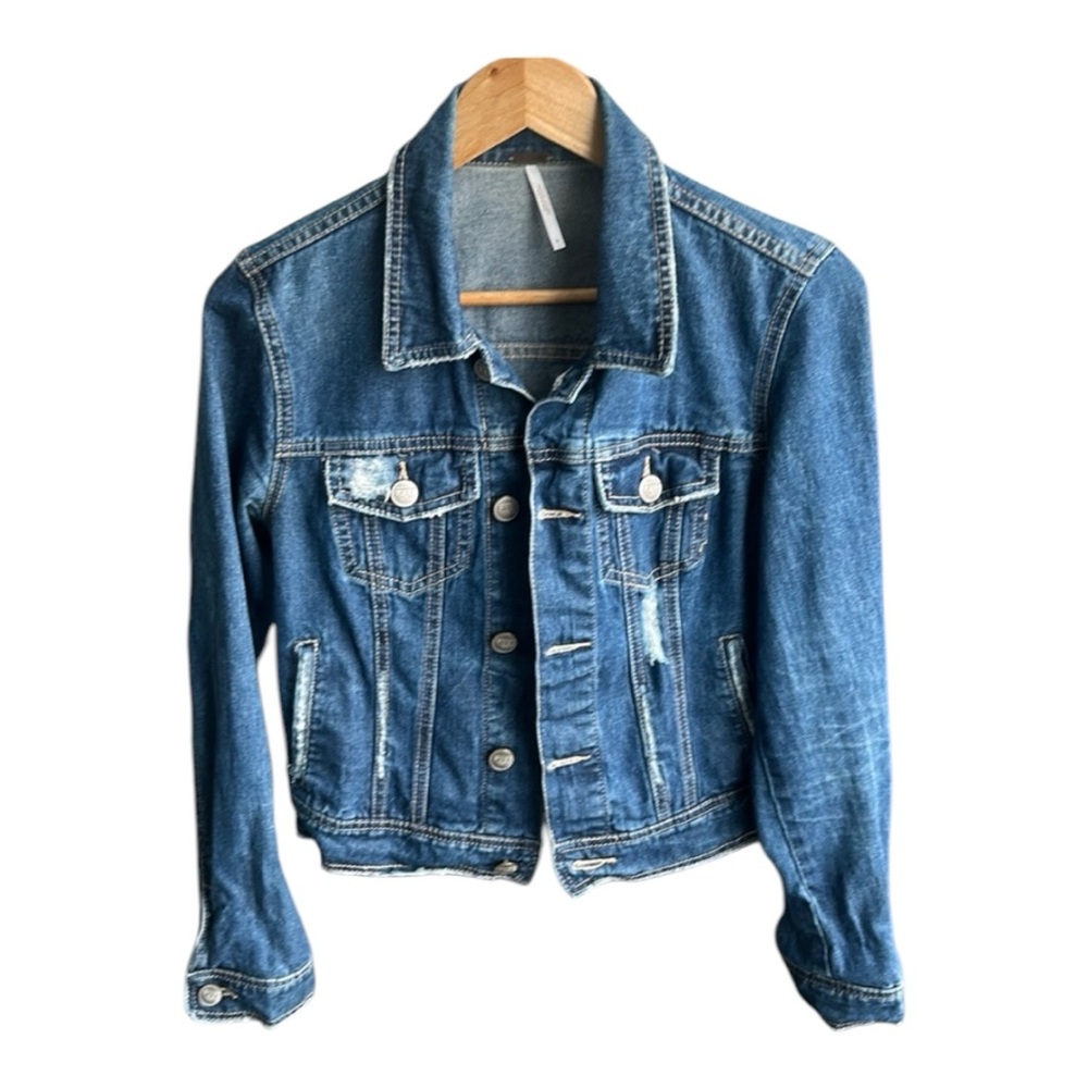 Free People Medium Wash Distressed Denim Jacket